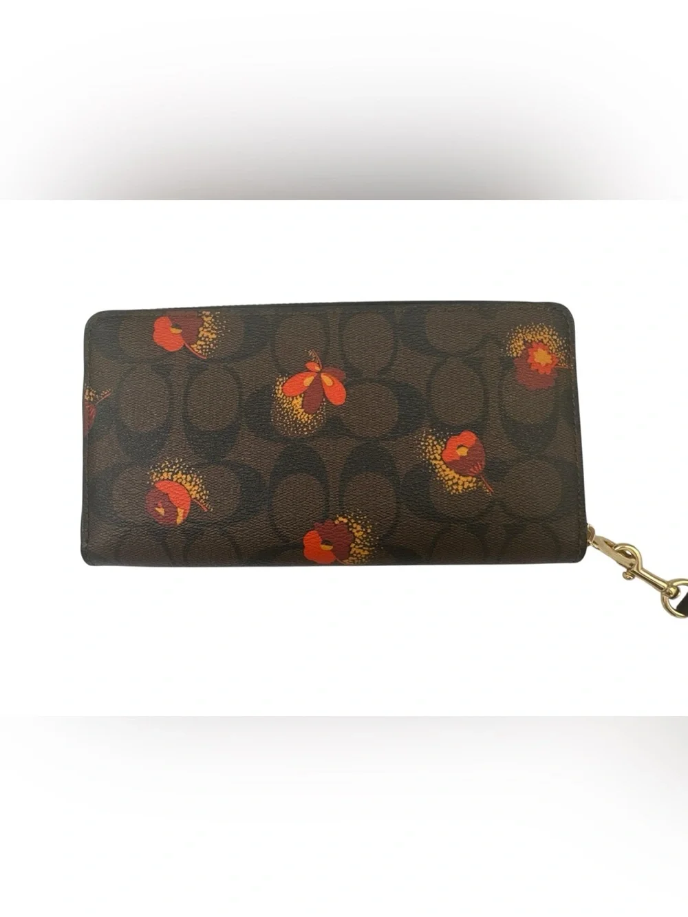 Coach Signature Canvas Long Zip Around Wallet / Wristlet Poppy Floral Print EUC